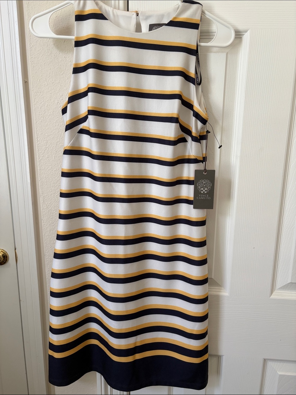 Vince Camuto Navy, White & Mustard Striped Sleeveless Midi Dress